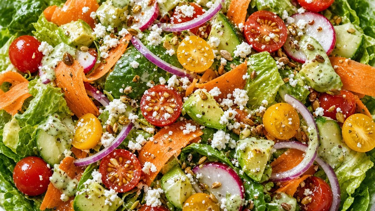 Colorful salad with greens, tomatoes, avocado, radish and dressing